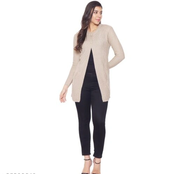 CALPTON Self Design/Knitted Design Acrylic Cream Full Sleeves Long Cardigan/ Shrug Beign - M, Cream, Acrylic, Pack of1